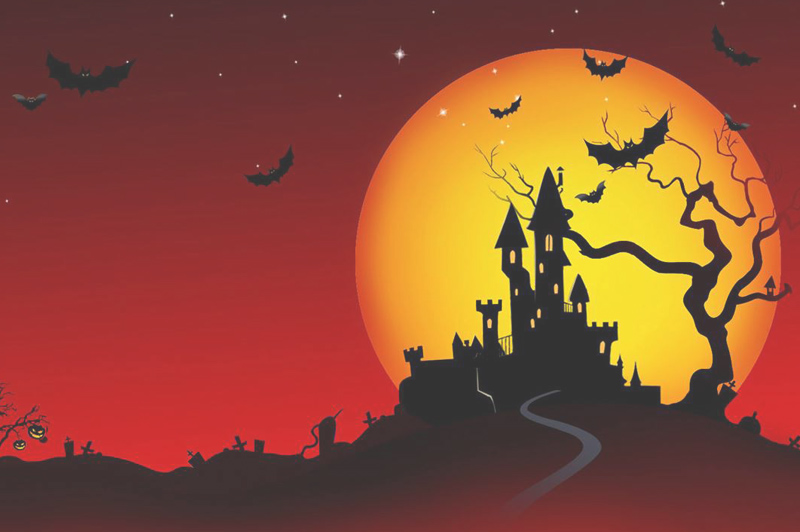 notte spaventosa di holloween, con pipistrelli castello e cielo rosso