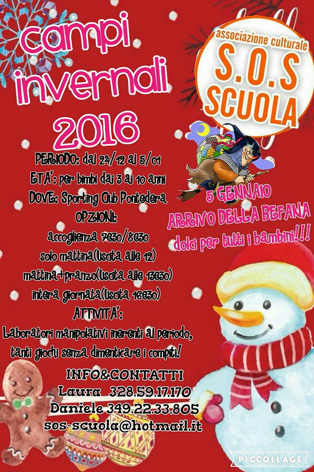 locandina dei campi invernali 2016/2017 di S.O.S Scuola di Pontedera