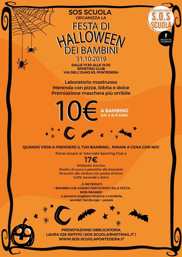 Locandina della festa di Halloween 2019 di S.O.S. Scuola Pontedera