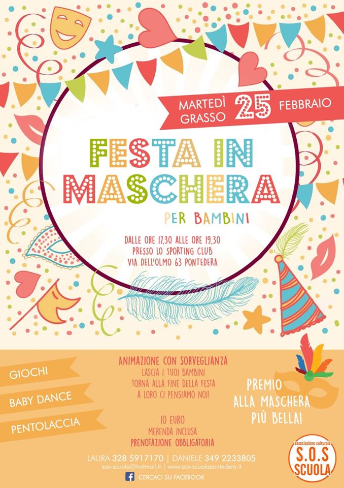 Locandina della festa in maschera per bambini, martedi grasso 2020