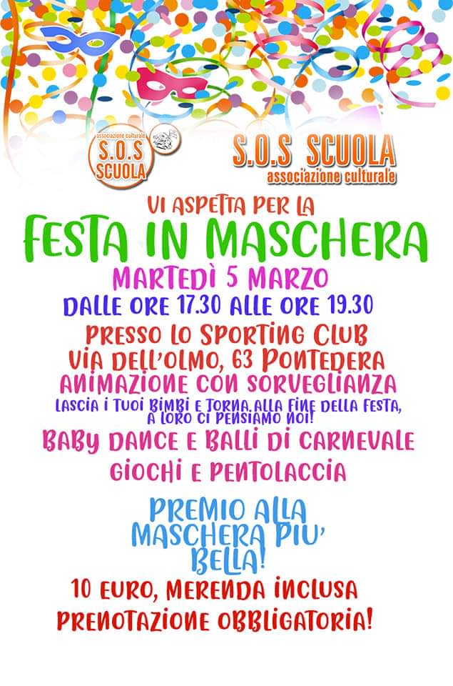 volantino festa in maschera organizzata da S.O.S Scuola di Pontedera