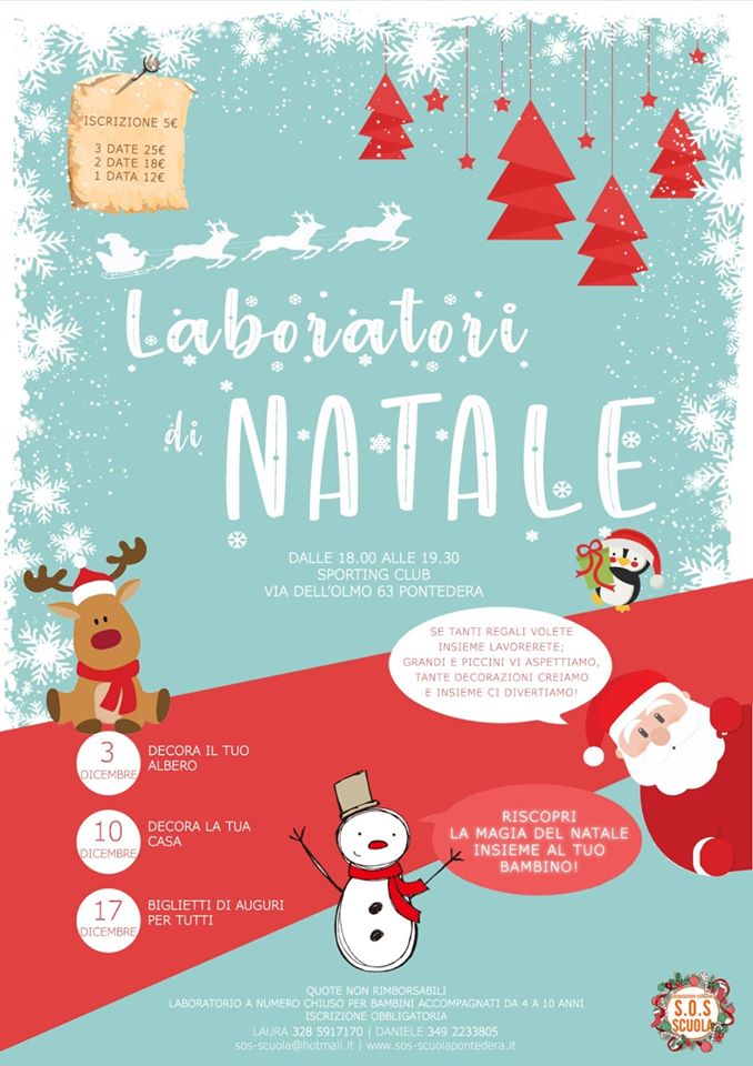 Locandina dei laboratori di Natale 2019 di S.O.S. Scuola Pontedera