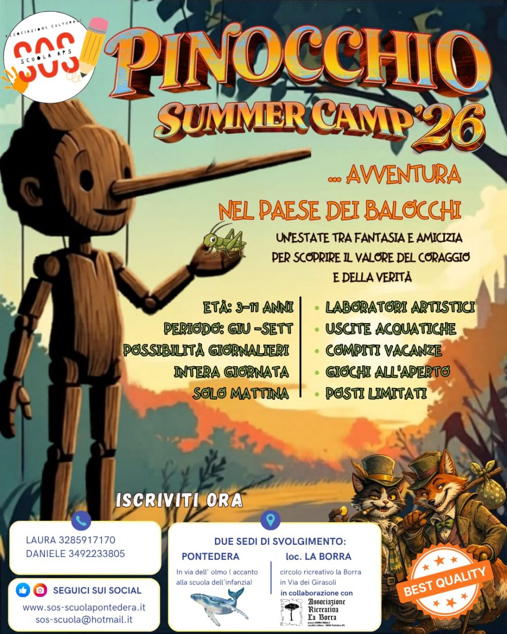 locandina campi solari 2026 di S.O.S Scuola asp via dell'Olmo e La Borra