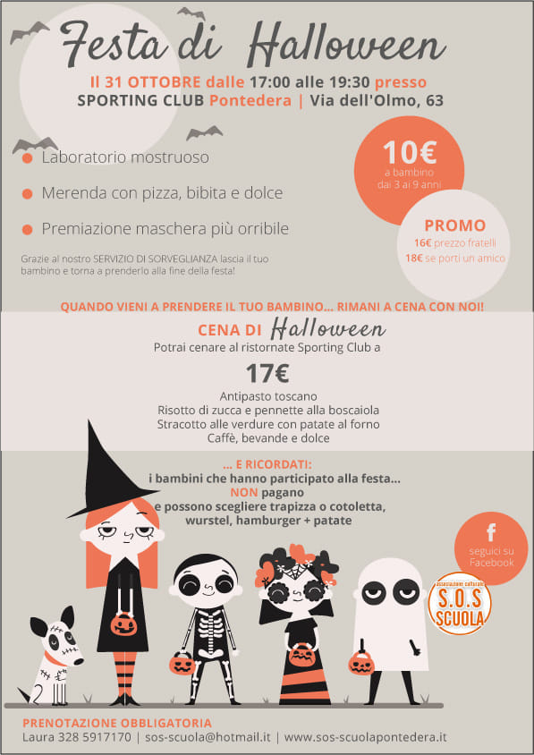 volantino festa di halloween 2018 organizzata da S.O.S Scuola di Pontedera